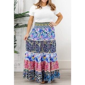 White Birch Size 1X Colorful Floral Maxi Skirt Tiered Boho Flowy Floral Cottage